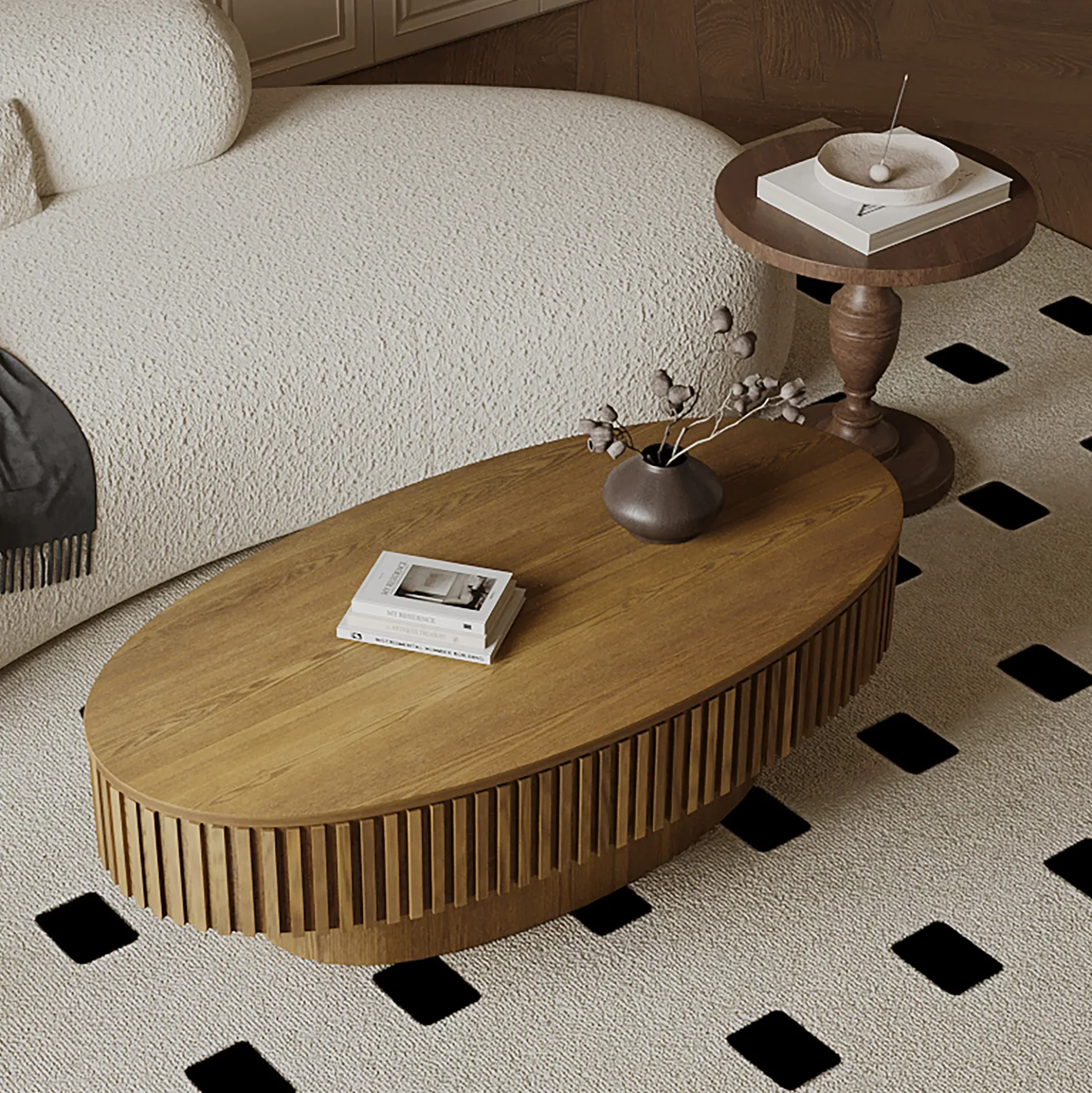 Modern Fluted Oval Solid Wood Veneered Coffee Table with Storage