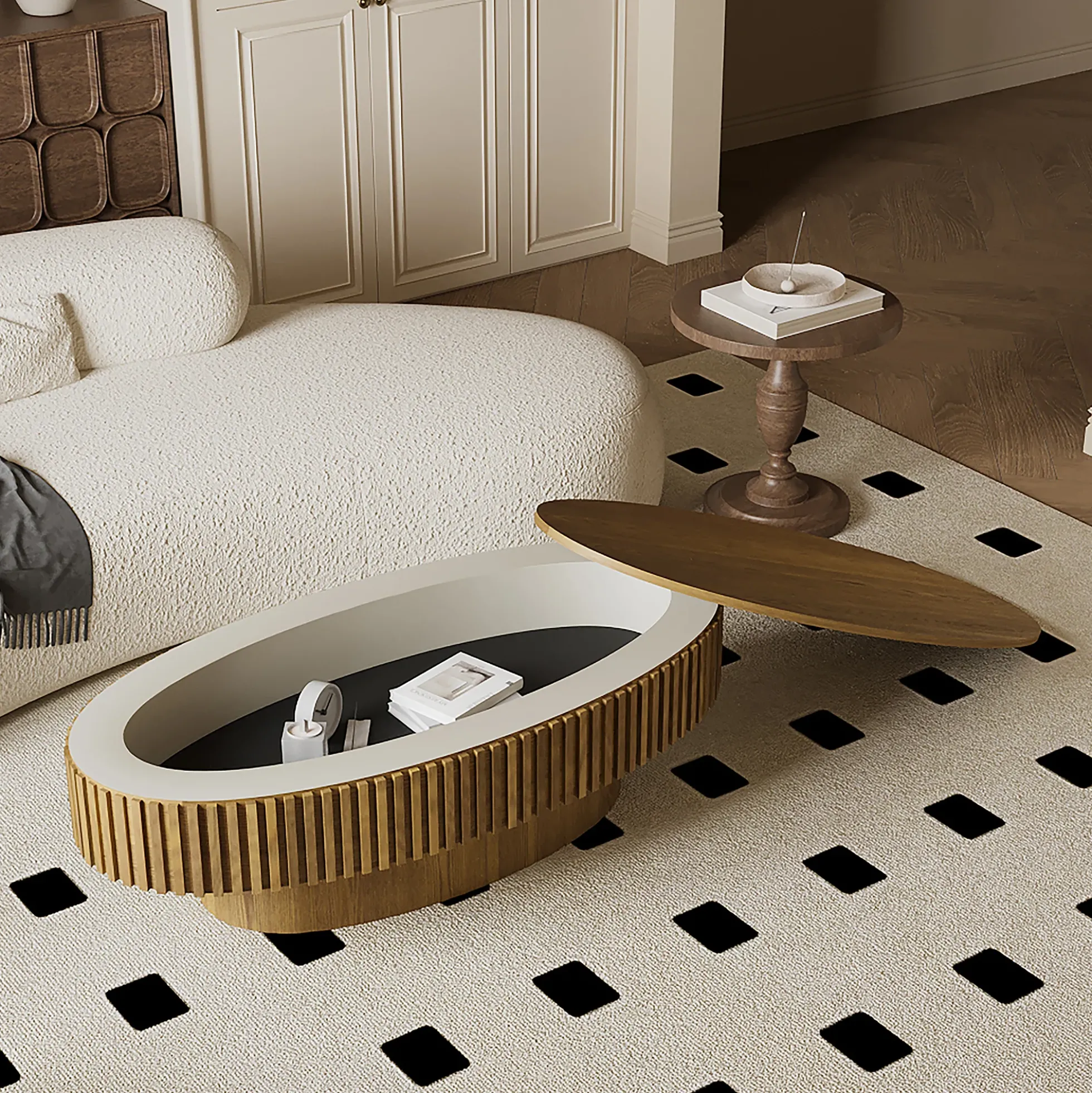 Modern Fluted Oval Solid Wood Veneered Coffee Table with Storage