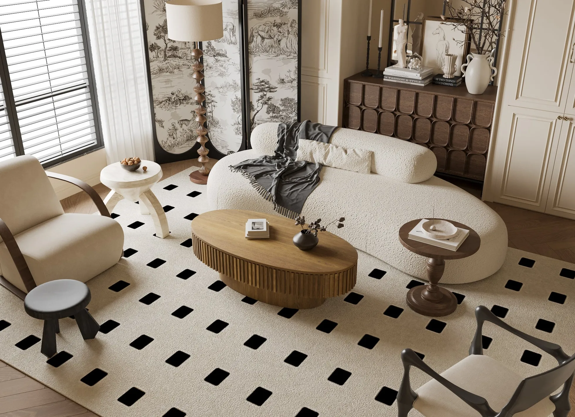 Modern Fluted Oval Solid Wood Veneered Coffee Table with Storage