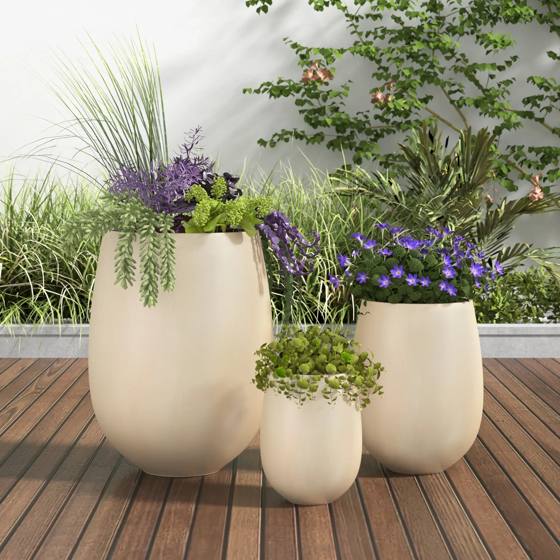 Modern Lightweight Round Outdoor Indoor Patio Planter Set of 3