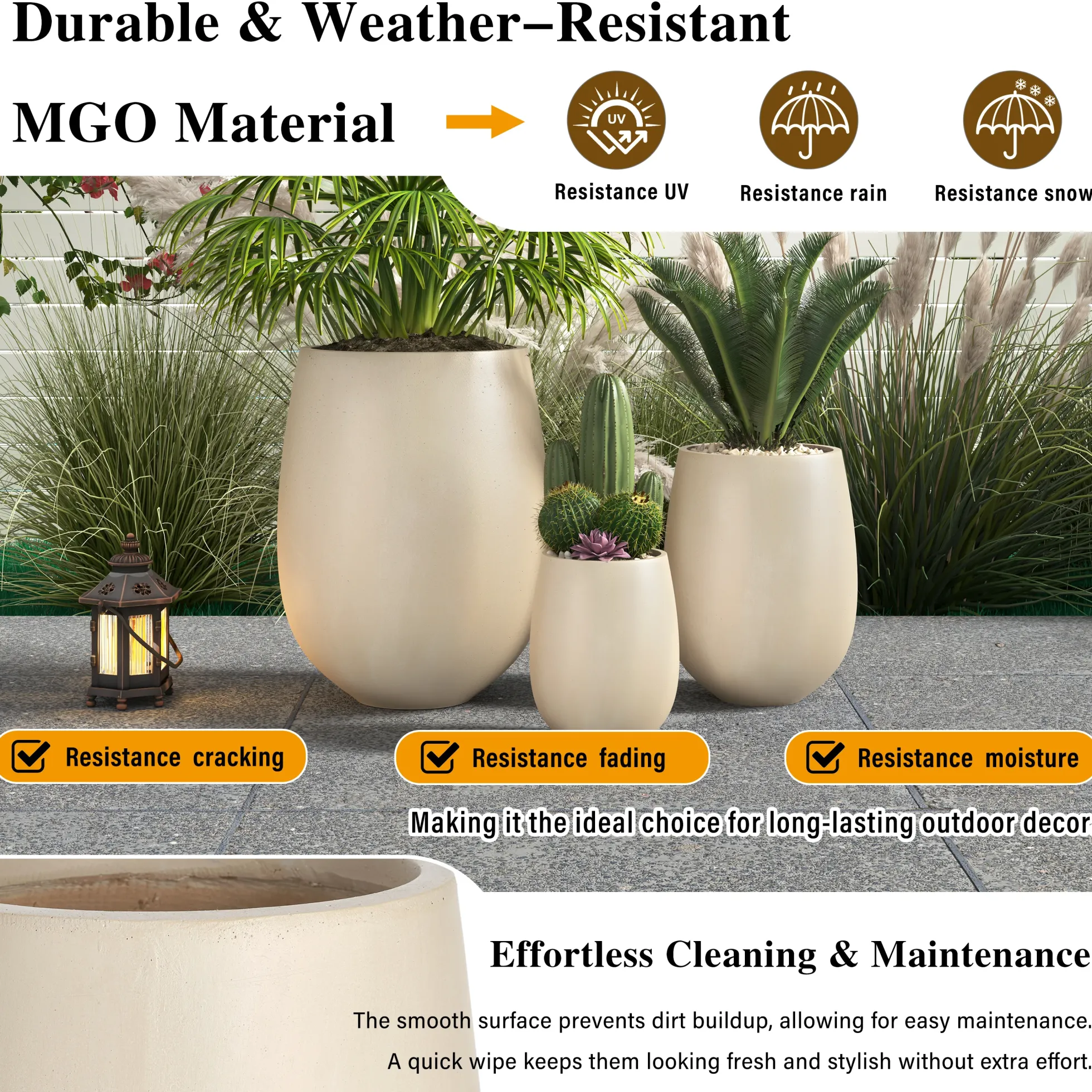 Modern Lightweight Round Outdoor Indoor Patio Planter Set of 3