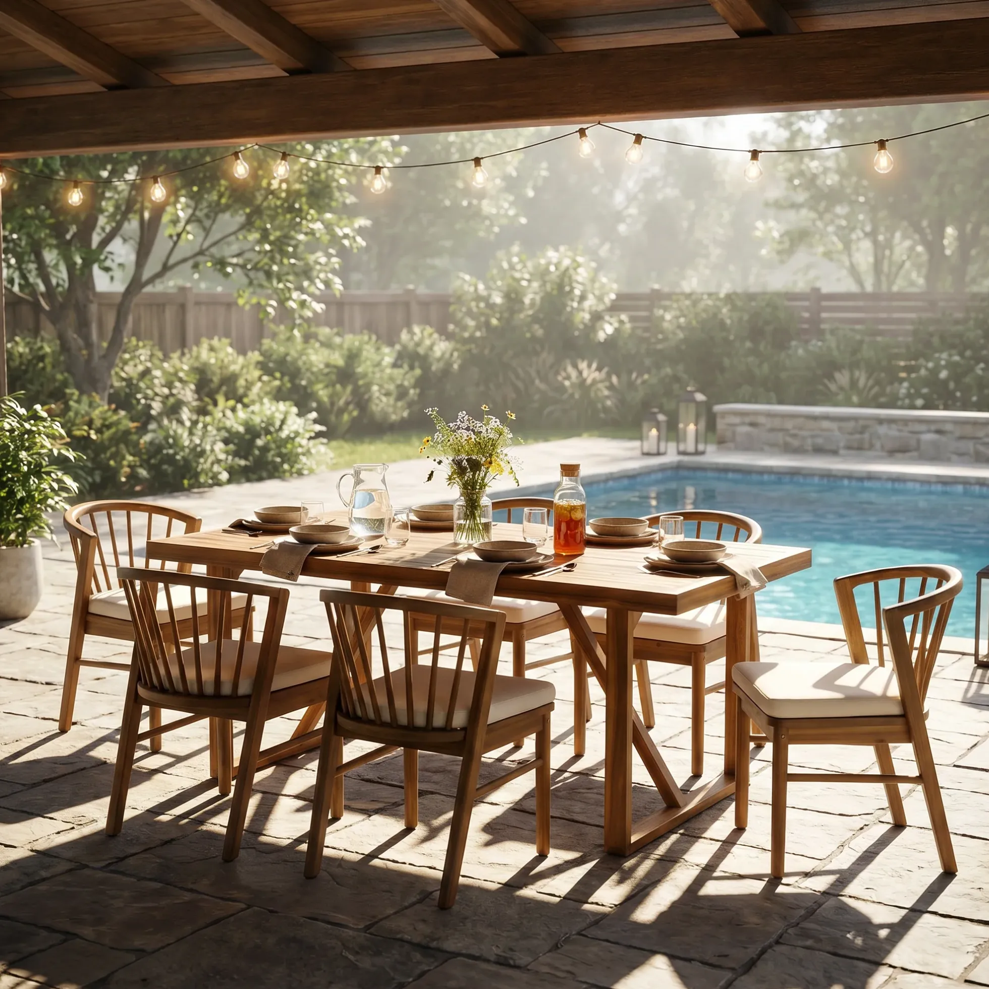 Modern Outdoor 7 Piece Acacia Wood Teak Dining Set with Cushions