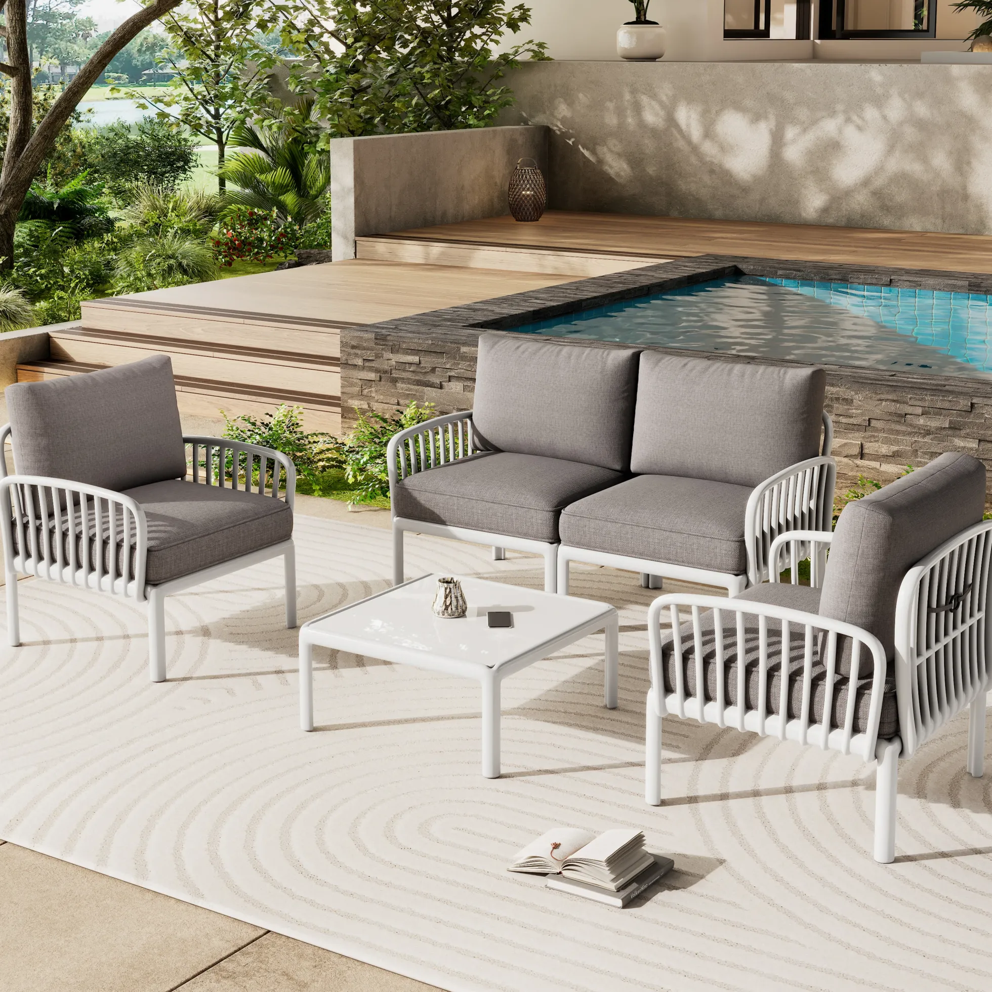 Modern Outdoor 5 Piece Patio Conversation Set with Coffee Table & Waterproof Cushions