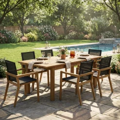 Modern Outdoor Dining Wood Teak Set, Seats 6 with Table