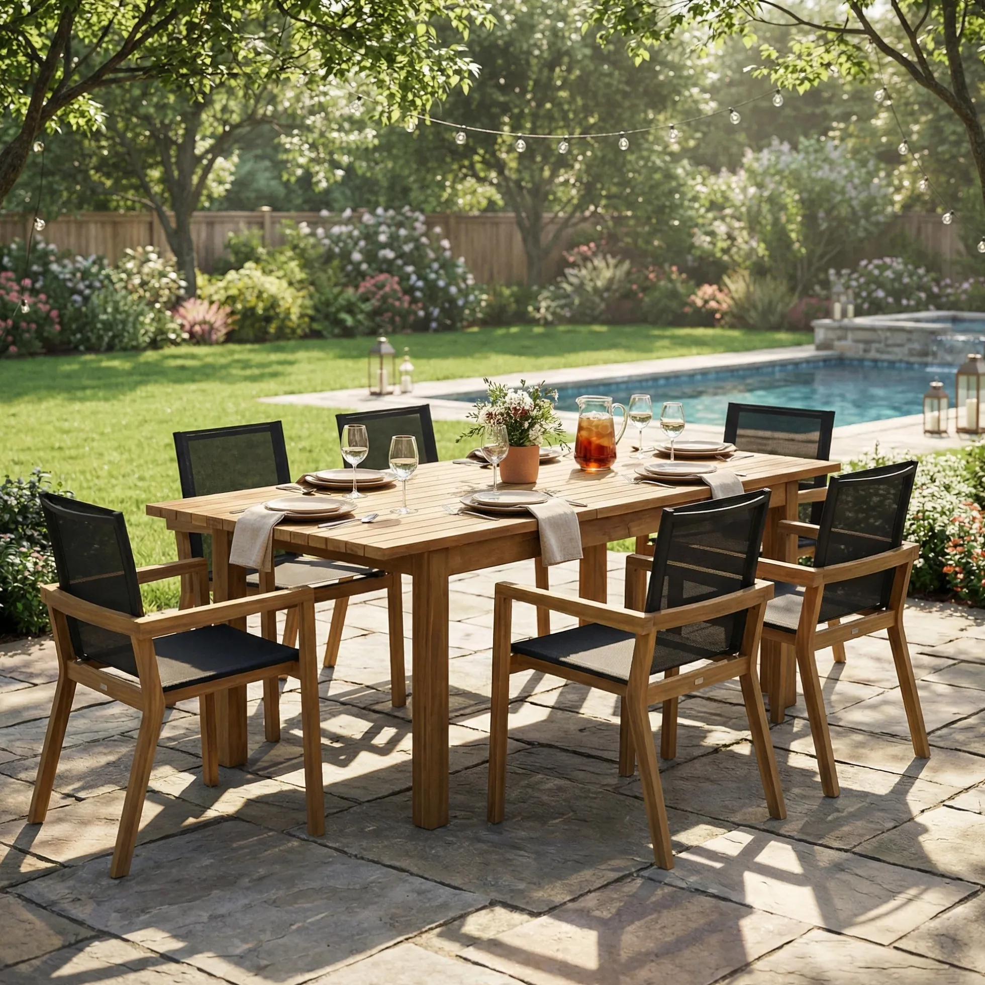 Modern Outdoor Dining Wood Teak Set, Seats 6 with Table