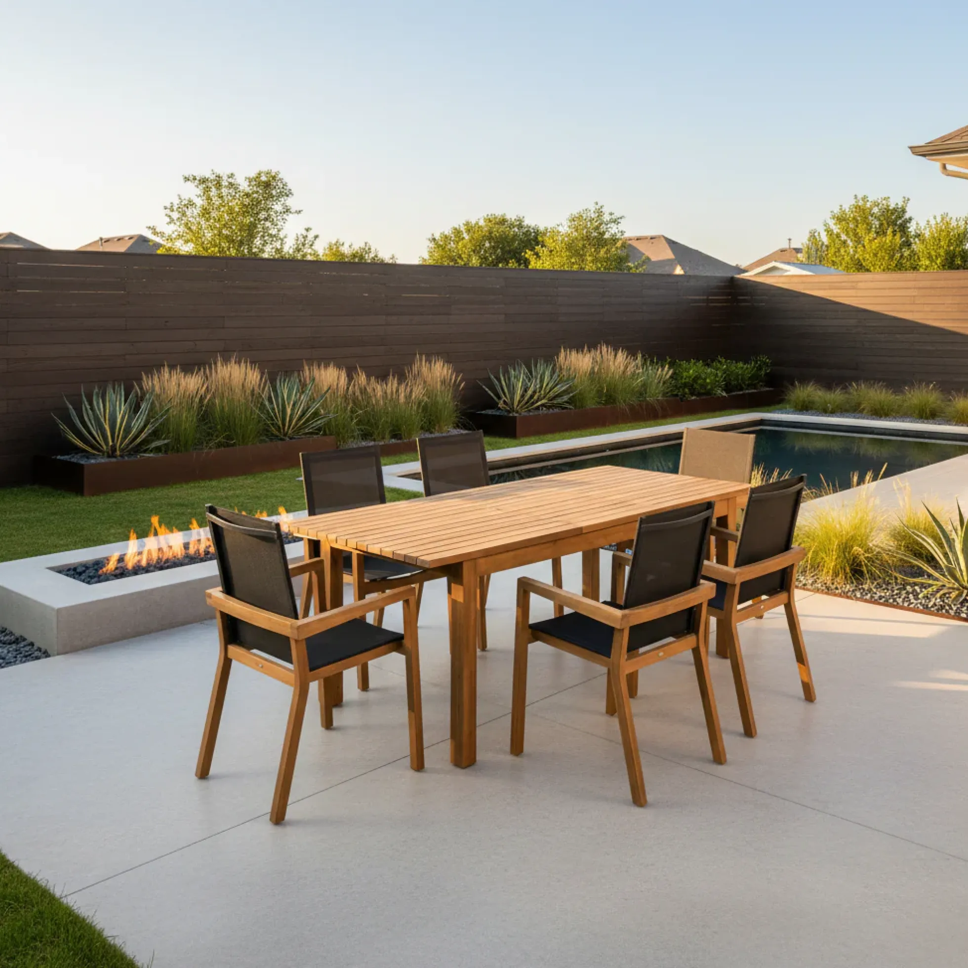 Modern Outdoor Dining Wood Teak Set, Seats 6 with Table