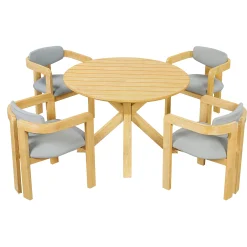 Modern Outdoor 5-Piece Teak Wood Round Dining Table & Chair Set with Gray Cushions