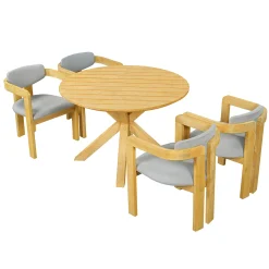 Modern Outdoor 5-Piece Teak Wood Round Dining Table & Chair Set with Gray Cushions
