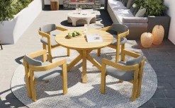 Modern Outdoor 5-Piece Teak Wood Round Dining Table & Chair Set with Gray Cushions