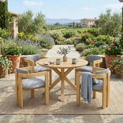 Modern Outdoor 5-Piece Teak Wood Round Dining Table & Chair Set with Gray Cushions