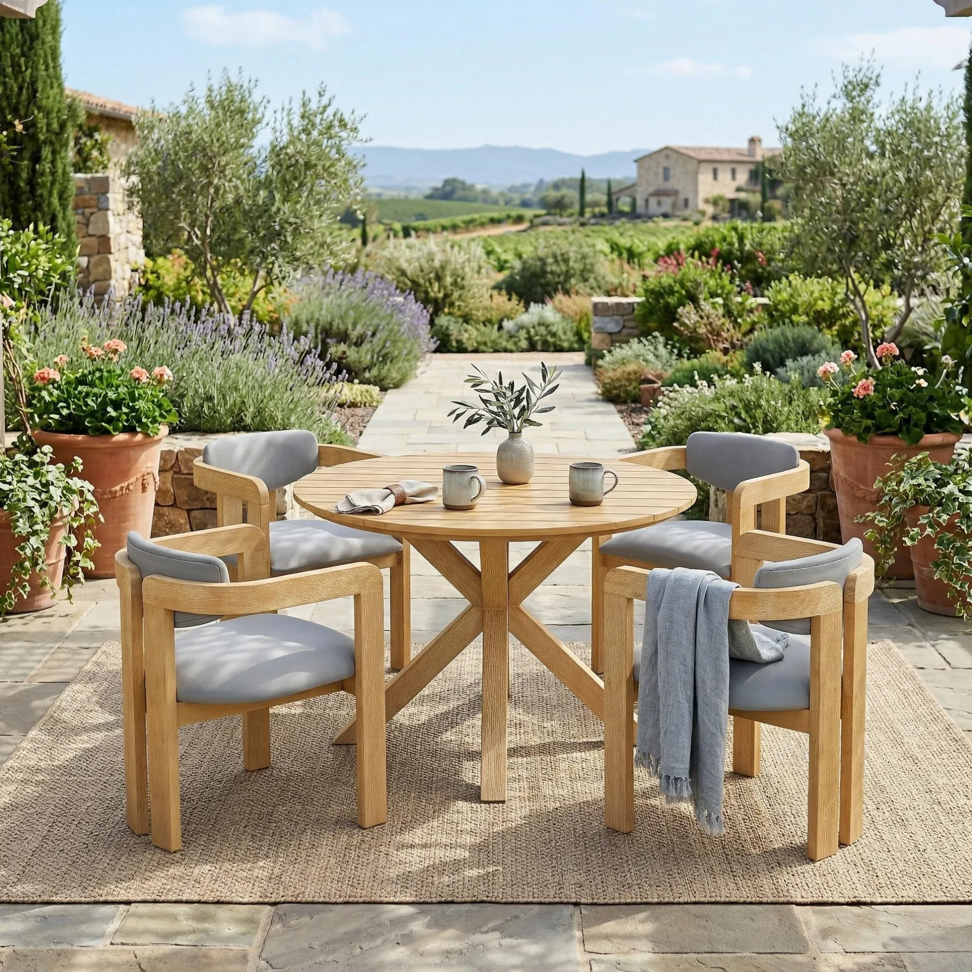 Modern Outdoor 5-Piece Teak Wood Round Dining Table & Chair Set with Gray Cushions