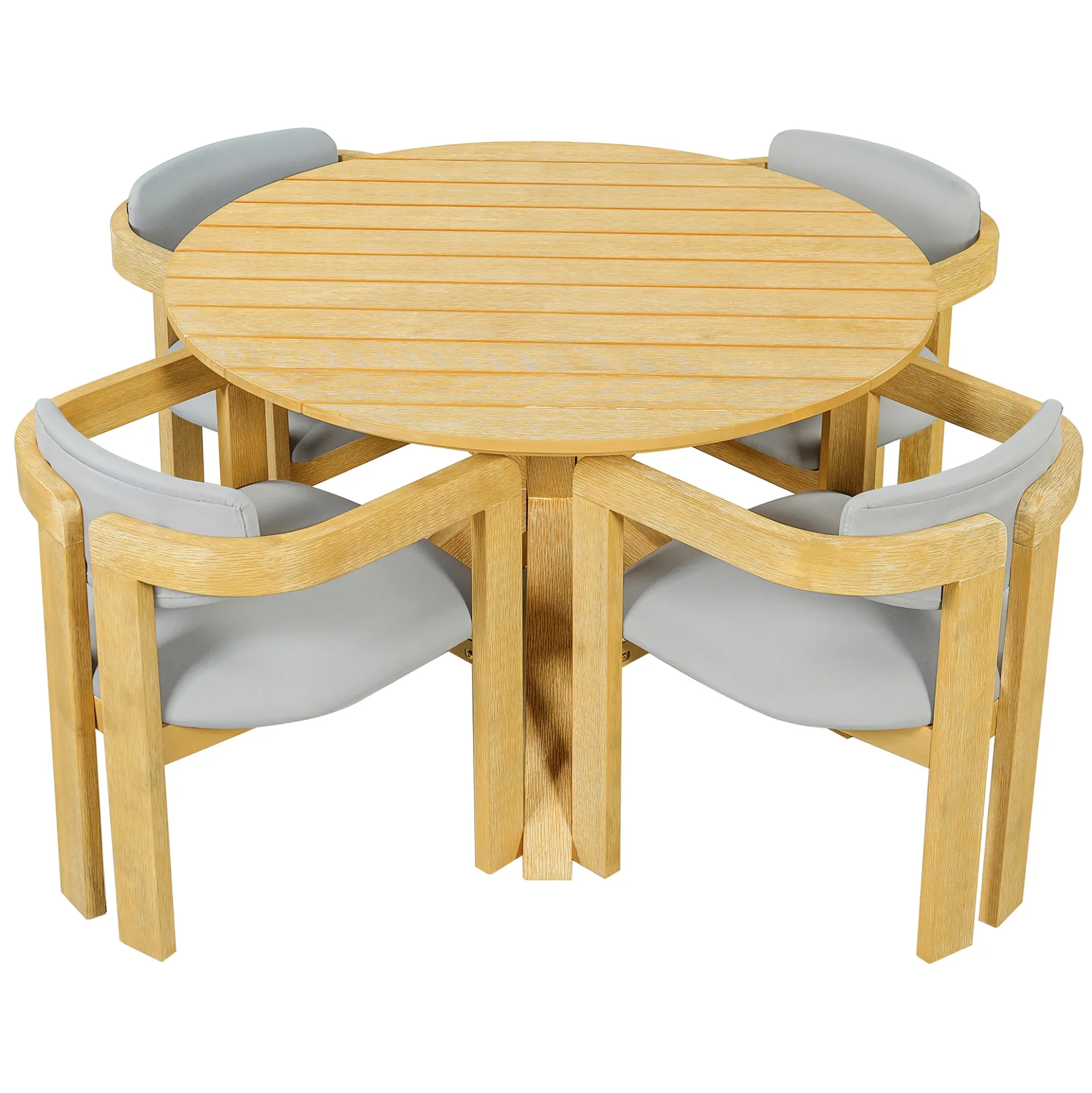 Modern Outdoor 5-Piece Teak Wood Round Dining Table & Chair Set with Gray Cushions