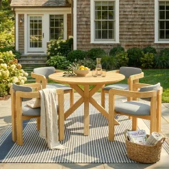 Modern Outdoor 5-Piece Teak Wood Round Dining Table & Chair Set with Gray Cushions