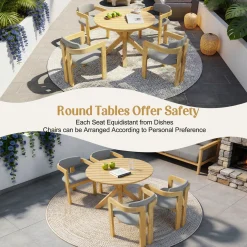 Modern Outdoor 5-Piece Teak Wood Round Dining Table & Chair Set with Gray Cushions