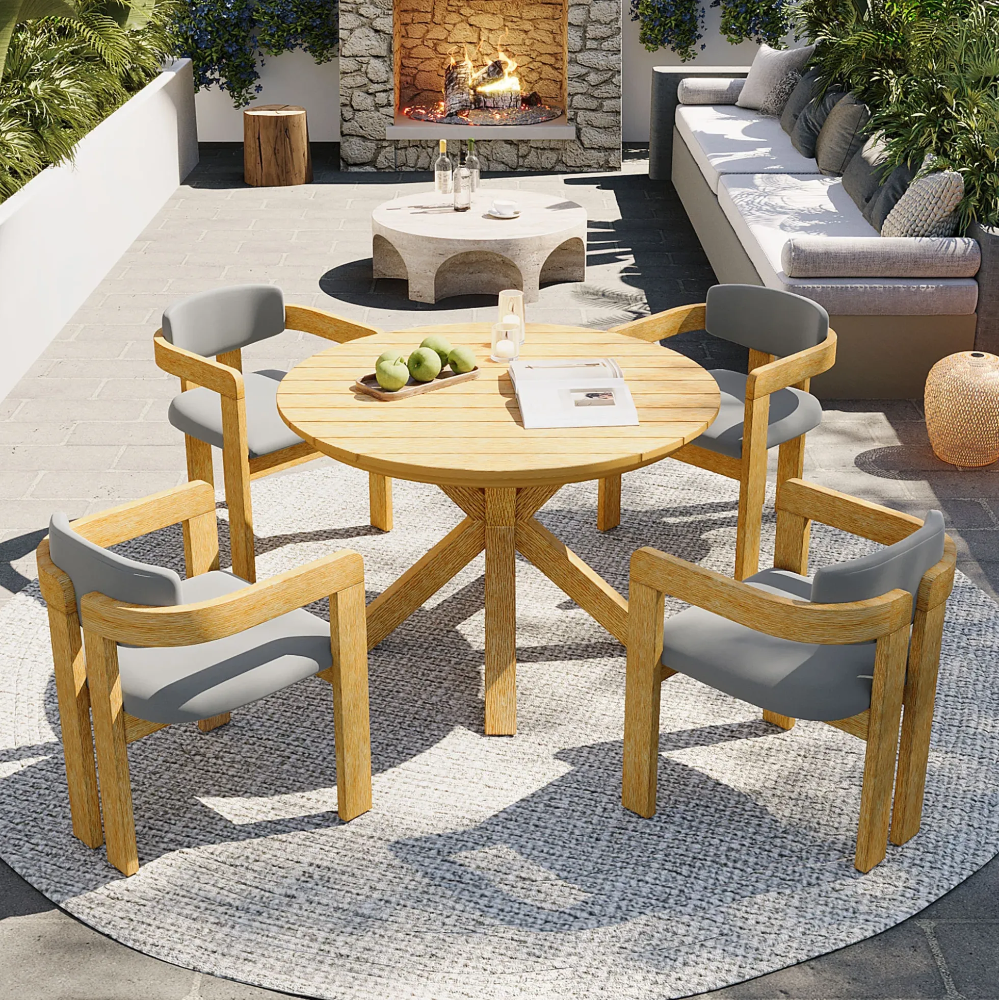 Modern Outdoor 5-Piece Teak Wood Round Dining Table & Chair Set with Gray Cushions