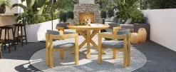Modern Outdoor 5-Piece Teak Wood Round Dining Table & Chair Set with Gray Cushions