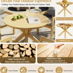 Modern Outdoor 5-Piece Teak Wood Round Dining Table & Chair Set with Gray Cushions