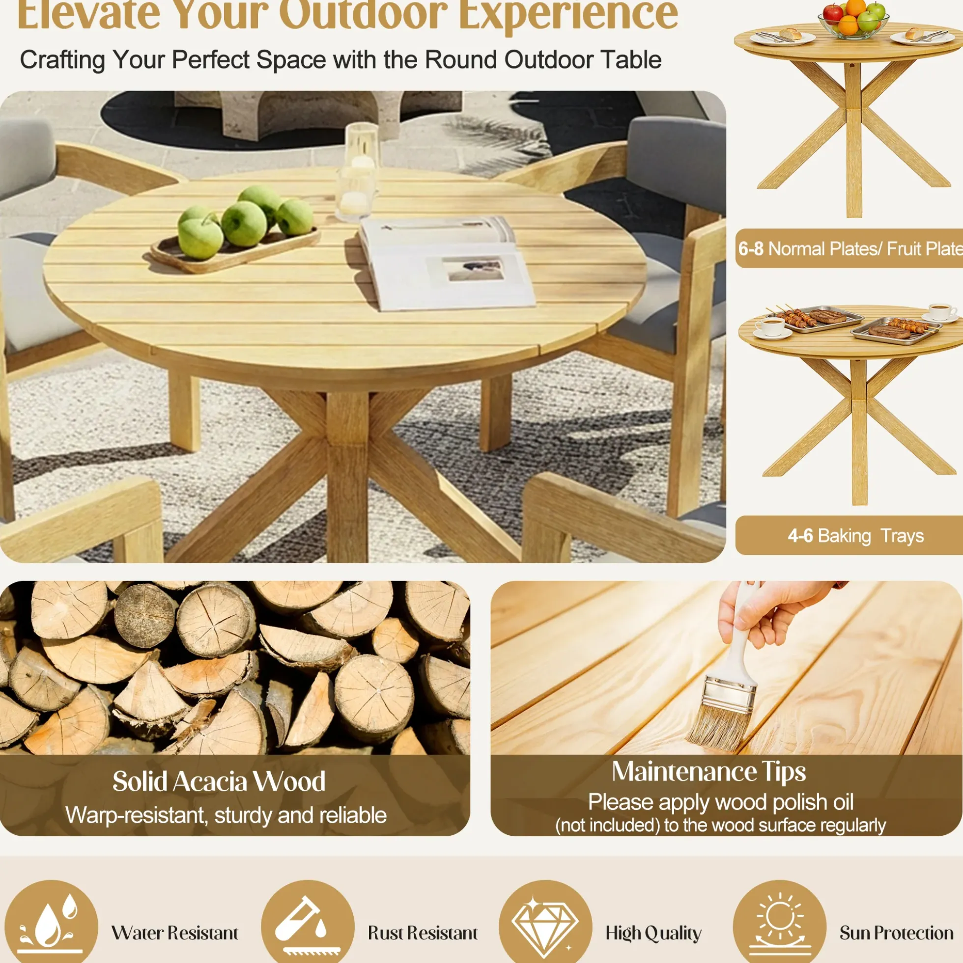 Modern Outdoor 5-Piece Teak Wood Round Dining Table & Chair Set with Gray Cushions
