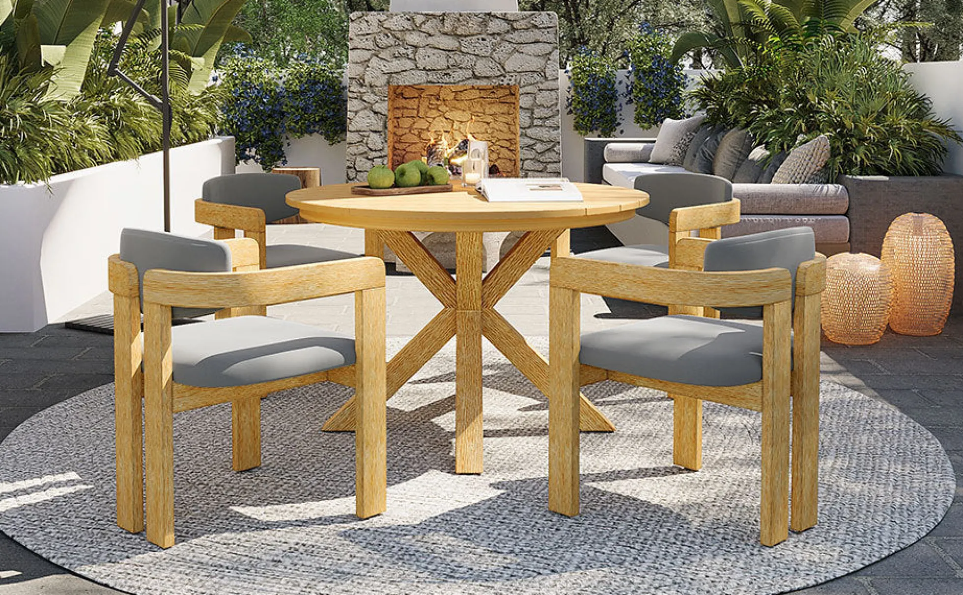 Modern Outdoor 5-Piece Teak Wood Round Dining Table & Chair Set with Gray Cushions