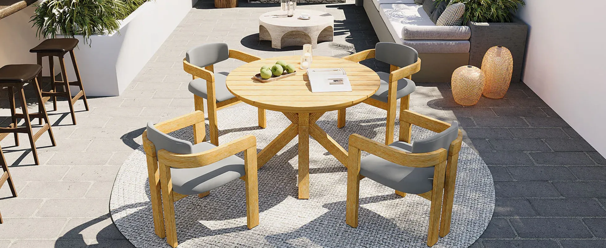 Modern Outdoor 5-Piece Teak Wood Round Dining Table & Chair Set with Gray Cushions