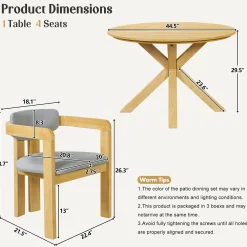 Modern Outdoor 5-Piece Teak Wood Round Dining Table & Chair Set with Gray Cushions