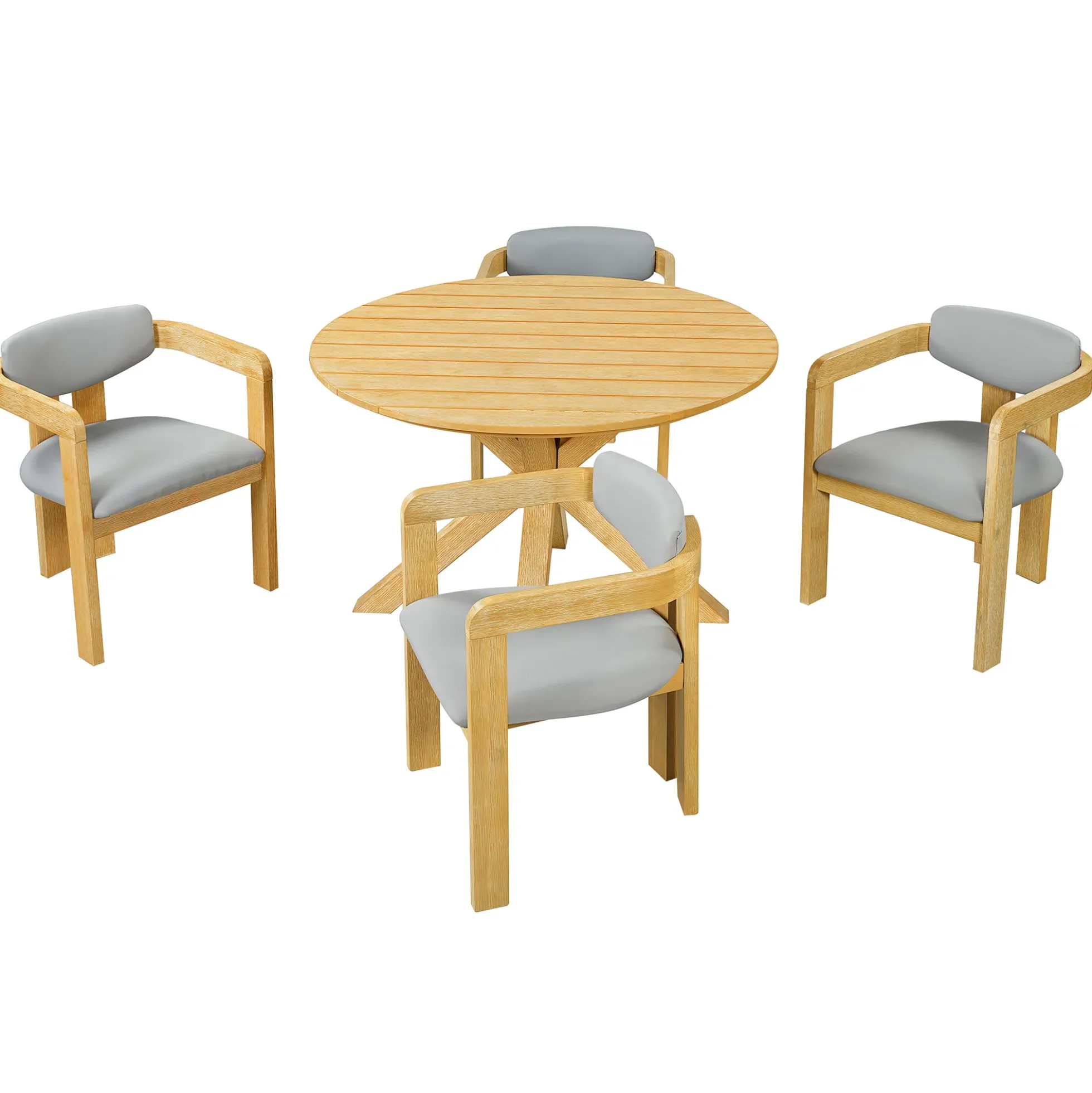 Modern Outdoor 5-Piece Teak Wood Round Dining Table & Chair Set with Gray Cushions