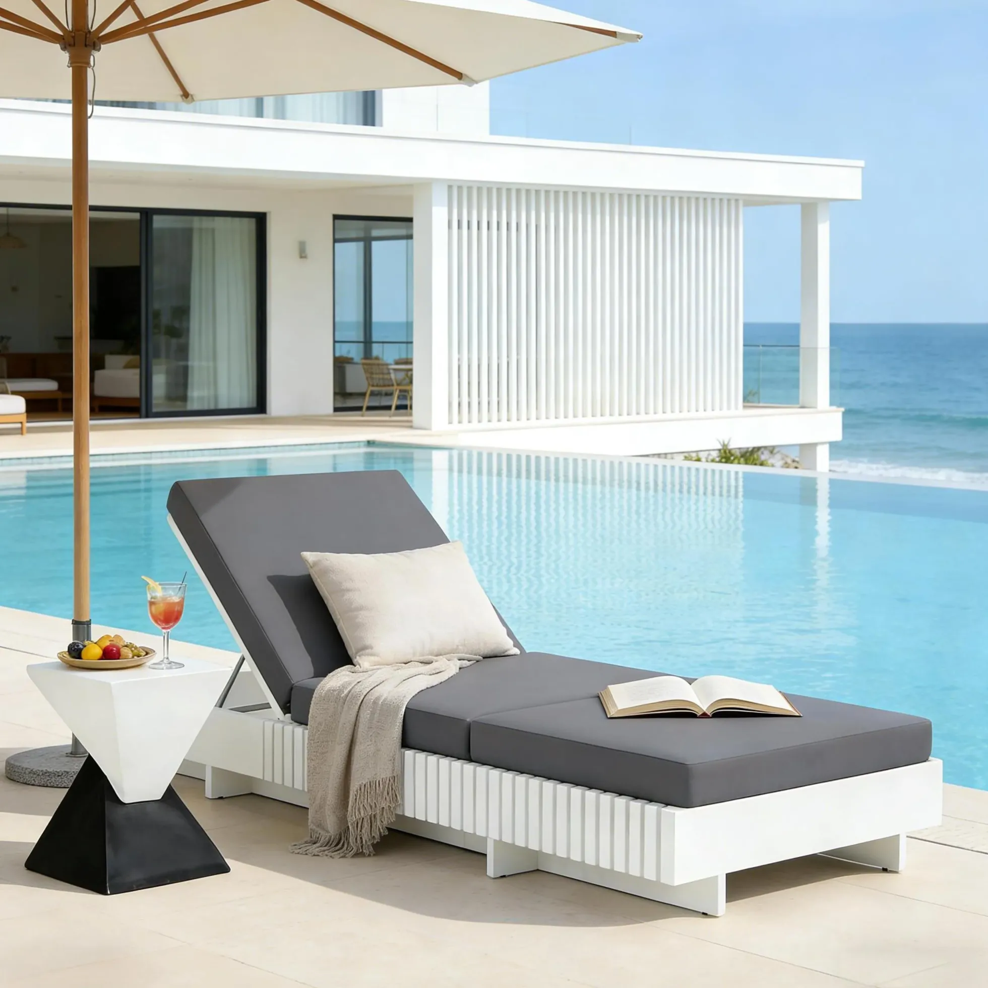 Modern Patio Sun Lounger Chaise with Water-Repellent Cushion