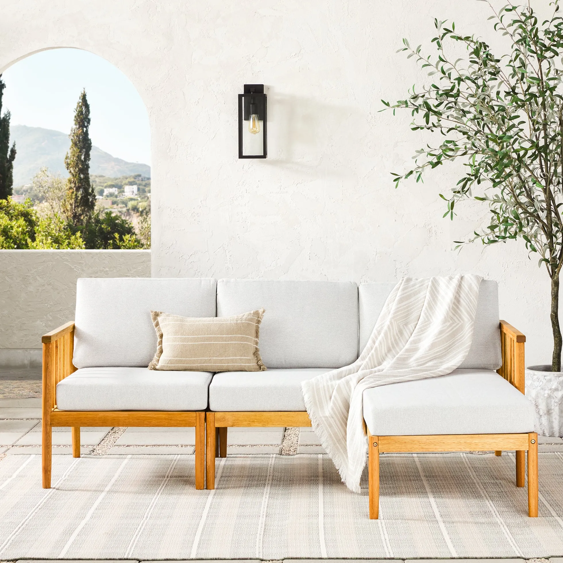Modern 3-Piece Spindle Solid Wood Outdoor L-Shaped Sectional Set