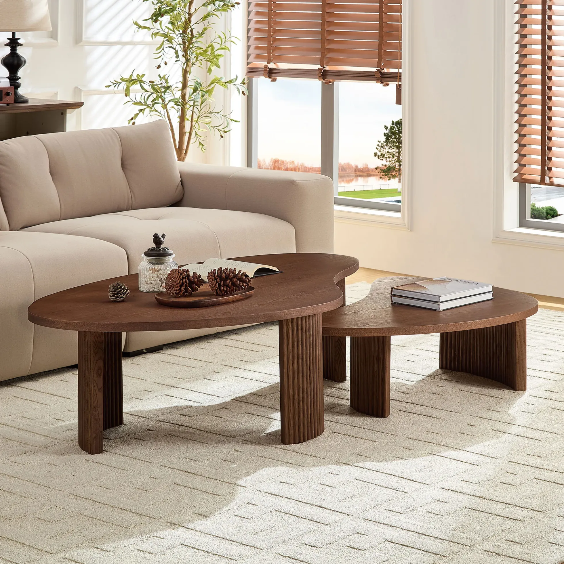 Modern Reeded Cloud Shape 2 Piece Coffee Table Set