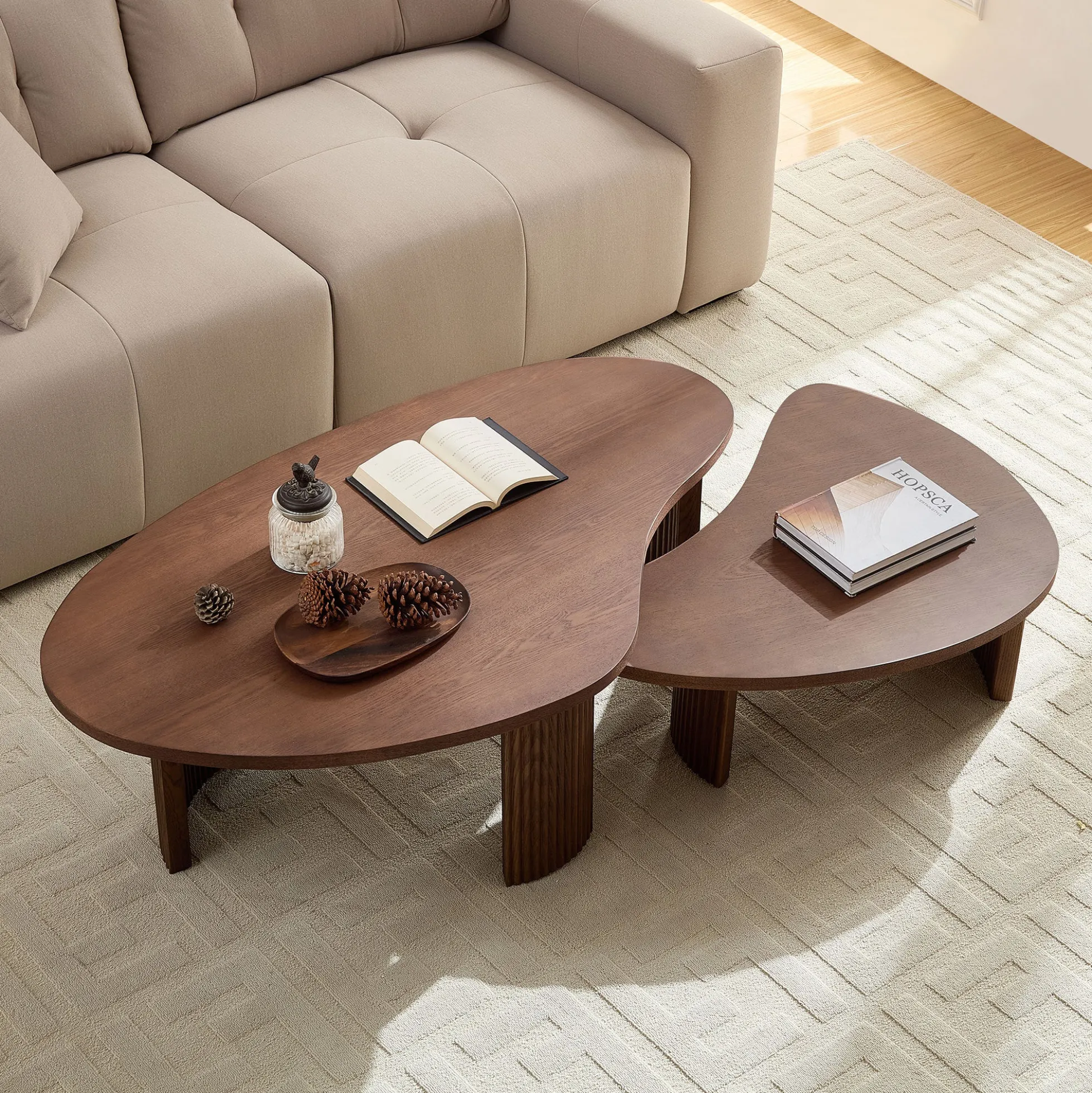 Modern Reeded Cloud Shape 2 Piece Coffee Table Set