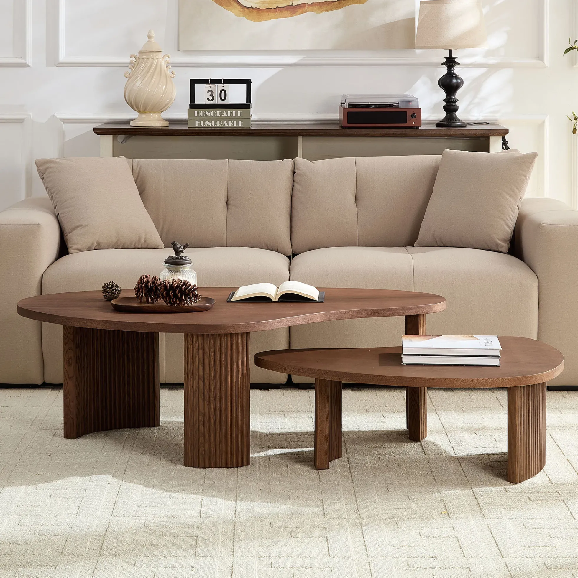 Modern Reeded Cloud Shape 2 Piece Coffee Table Set
