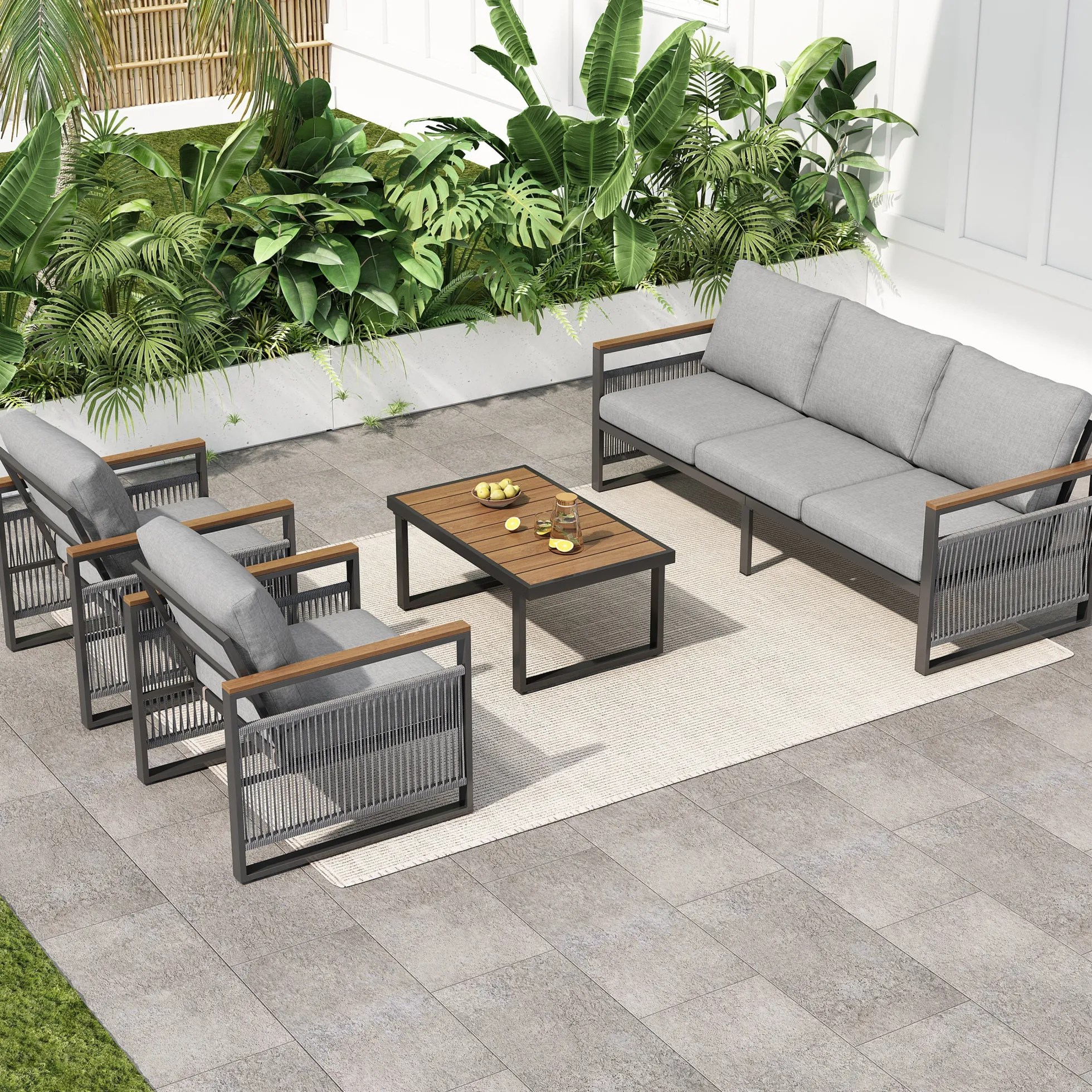 Modern Rope Design Outdoor Patio Sofa Set with Cushion & Table