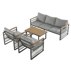 Modern Rope Design Outdoor Patio Sofa Set with Cushion & Table