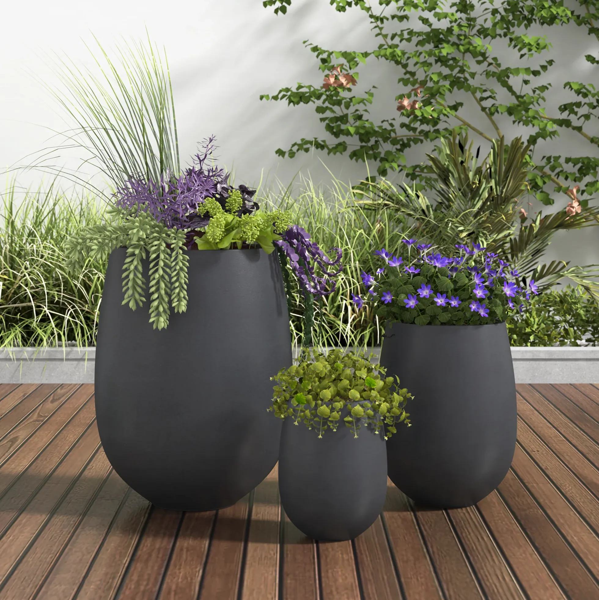 Modern Round Lightweight Outdoor Patio Planter Set of 3 Sizes