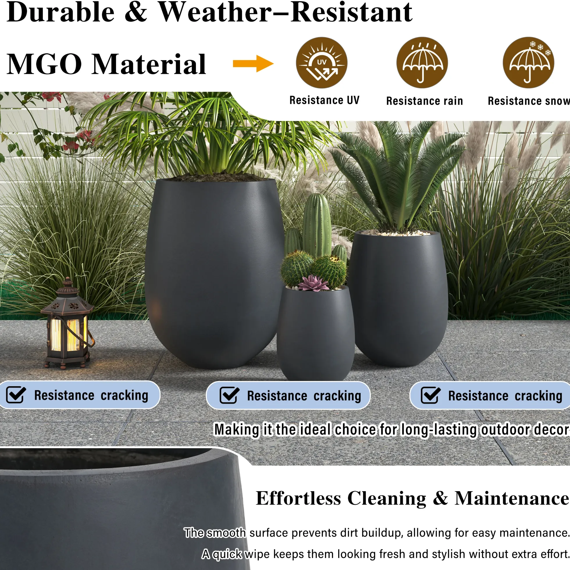 Modern Round Lightweight Outdoor Patio Planter Set of 3 Sizes
