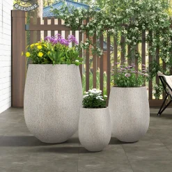 Modern Stone-Look Textured Round Shaped Lightweight Outdoor Planter Set of 3