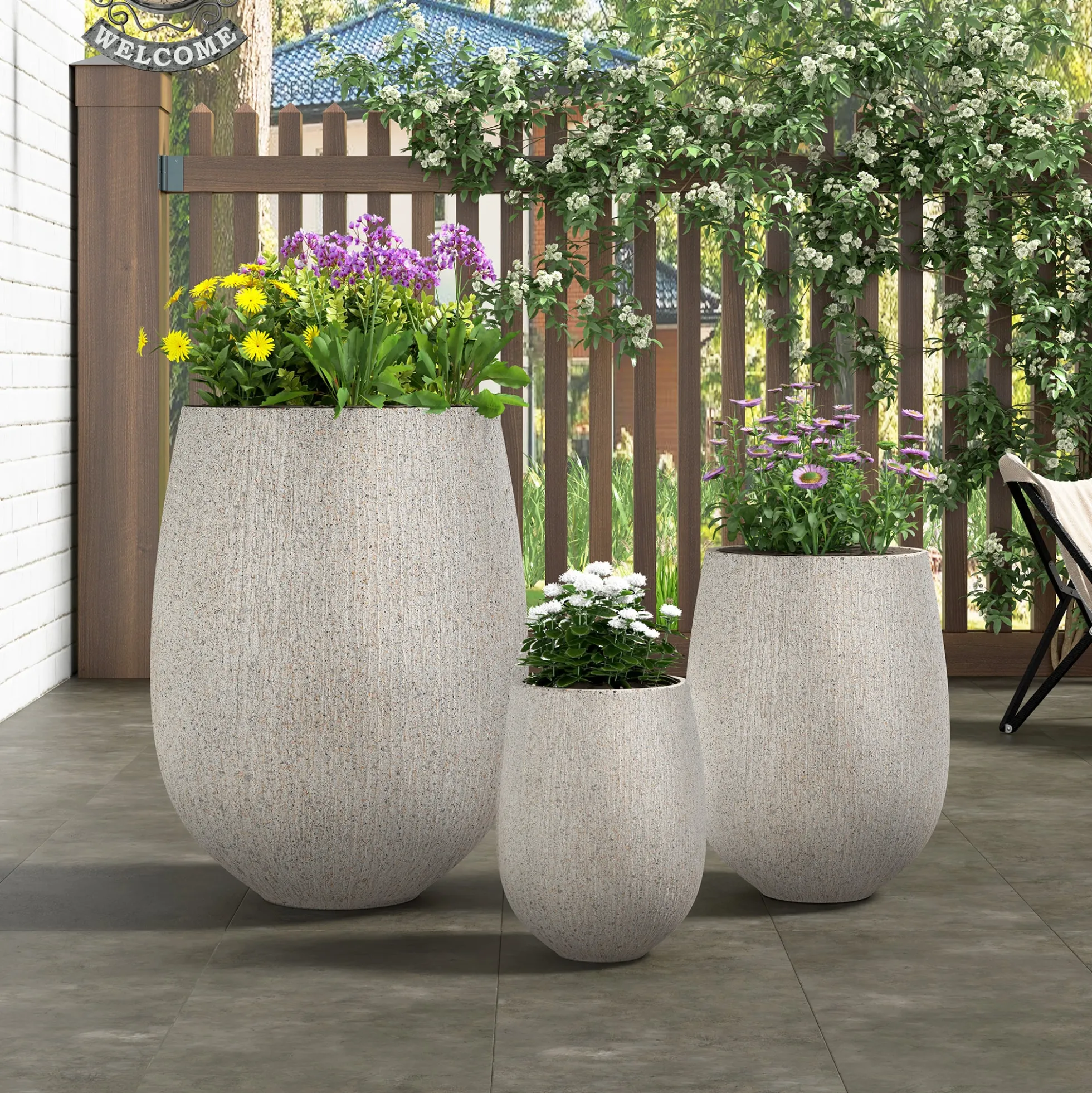 Modern Stone-Look Textured Round Shaped Lightweight Outdoor Planter Set of 3