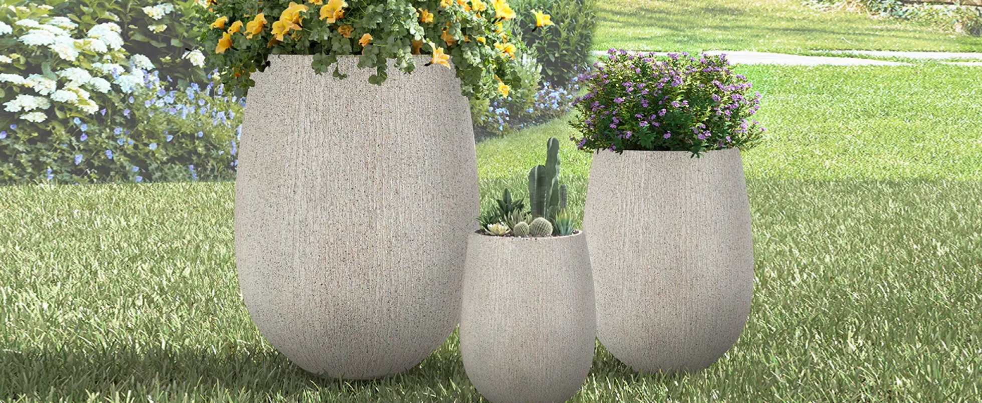 Modern Stone-Look Textured Round Shaped Lightweight Outdoor Planter Set of 3
