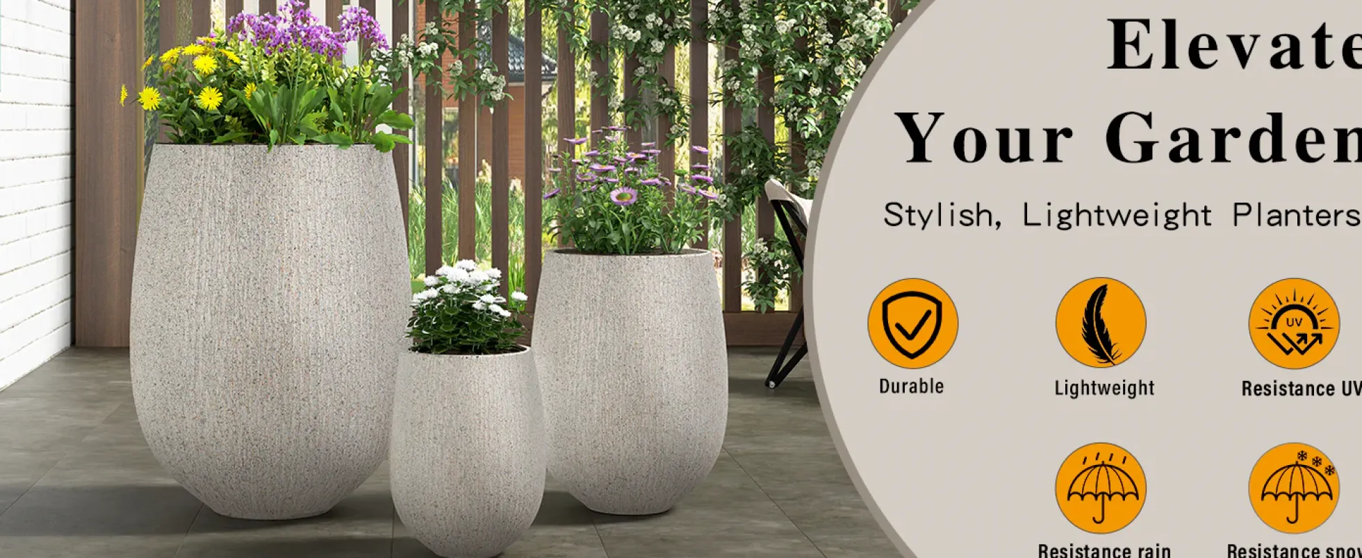 Modern Stone-Look Textured Round Shaped Lightweight Outdoor Planter Set of 3