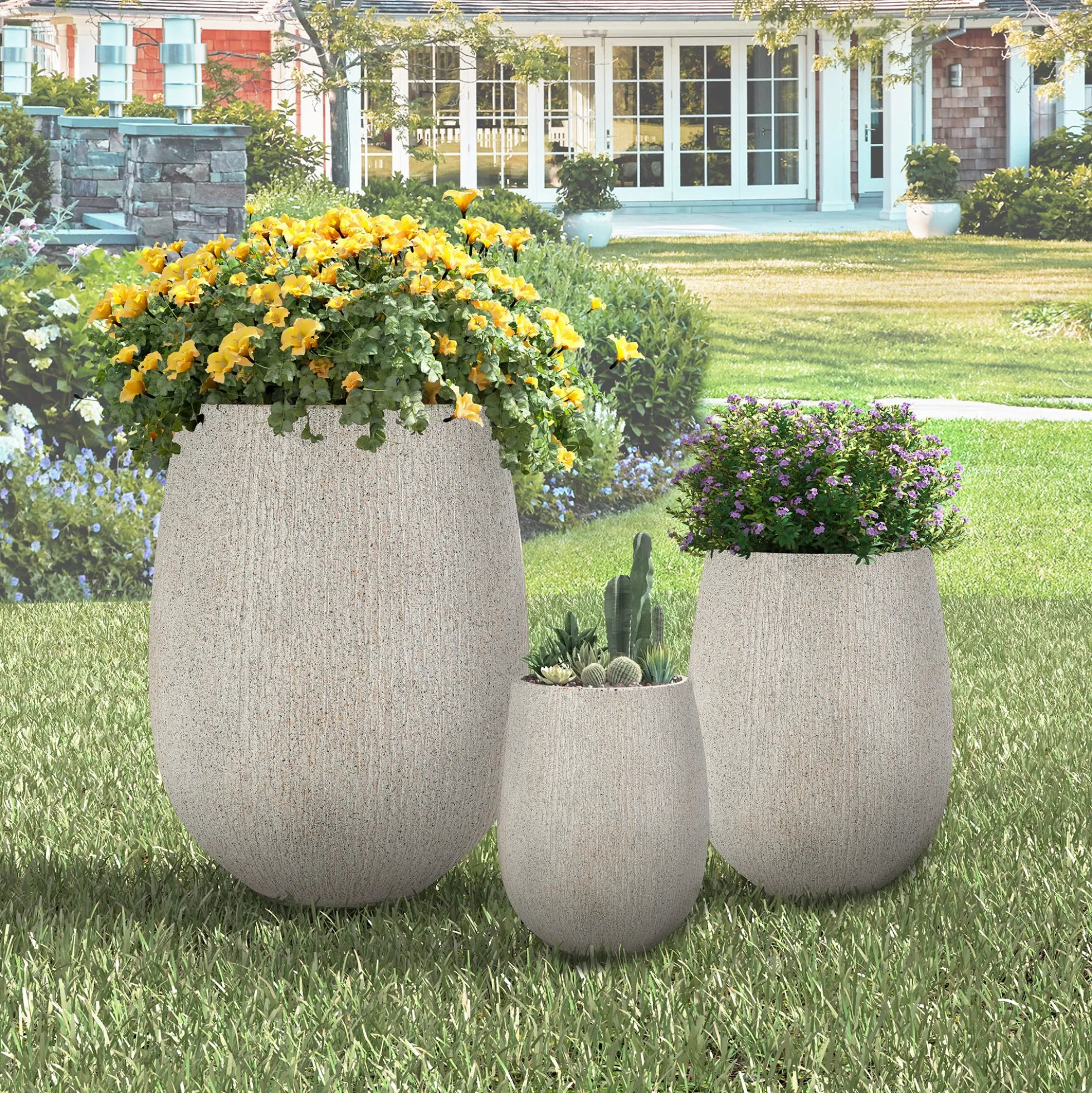 Modern Stone-Look Textured Round Shaped Lightweight Outdoor Planter Set of 3