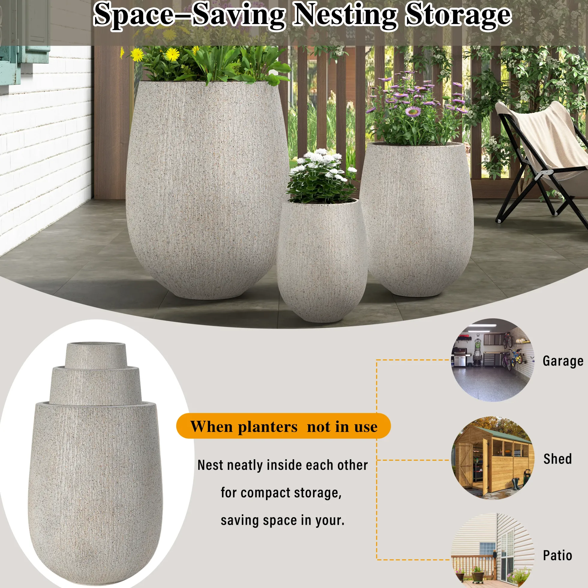 Modern Stone-Look Textured Round Shaped Lightweight Outdoor Planter Set of 3