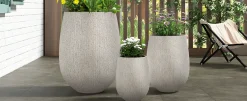 Modern Stone-Look Textured Round Shaped Lightweight Outdoor Planter Set of 3