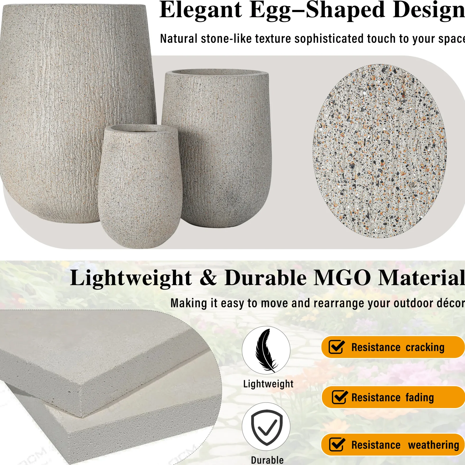 Modern Stone-Look Textured Round Shaped Lightweight Outdoor Planter Set of 3