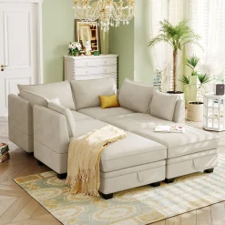 Modern Storage U-Shape Modular Sectional Convertible Sofa Bed with Ottoman
