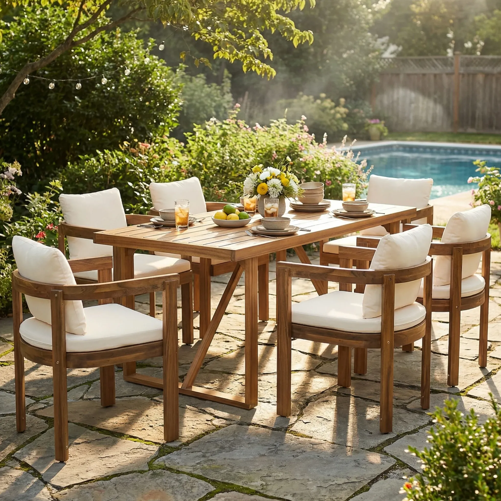 Modern Teak 7 Pieces Acacia Wood Outdoor Dining Set with Cream Cushions