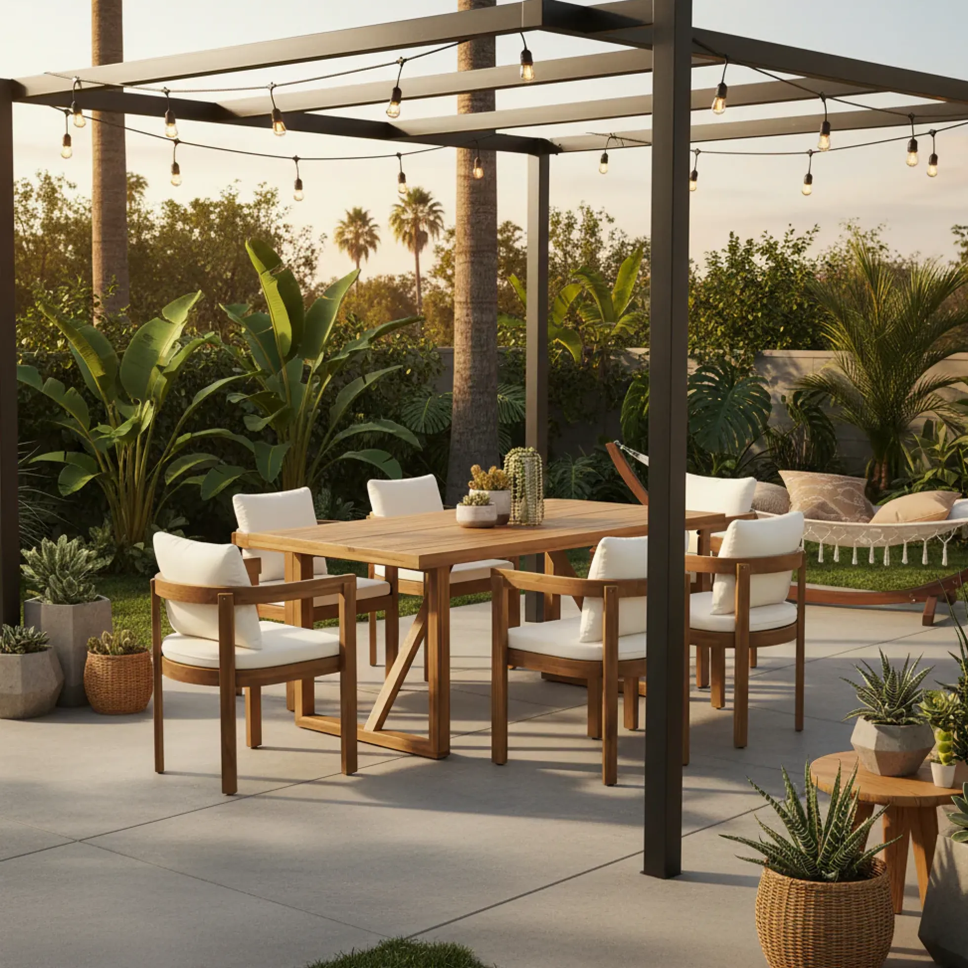 Modern Teak 7 Pieces Acacia Wood Outdoor Dining Set with Cream Cushions