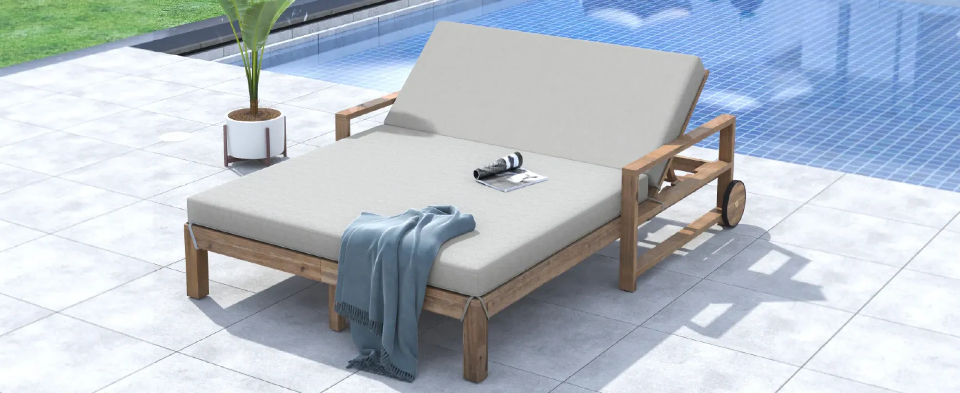 Modern Teak Wood Outdoor Patio Sunbed Lounger