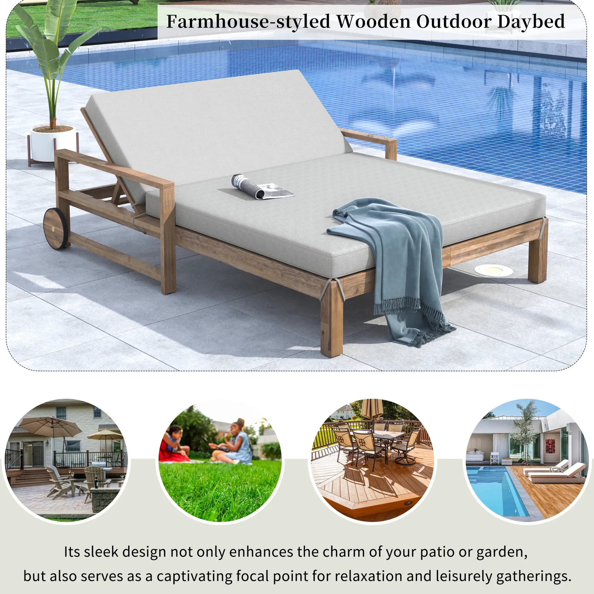 Modern Teak Wood Outdoor Patio Sunbed Lounger