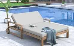 Modern Teak Wood Outdoor Patio Sunbed Lounger