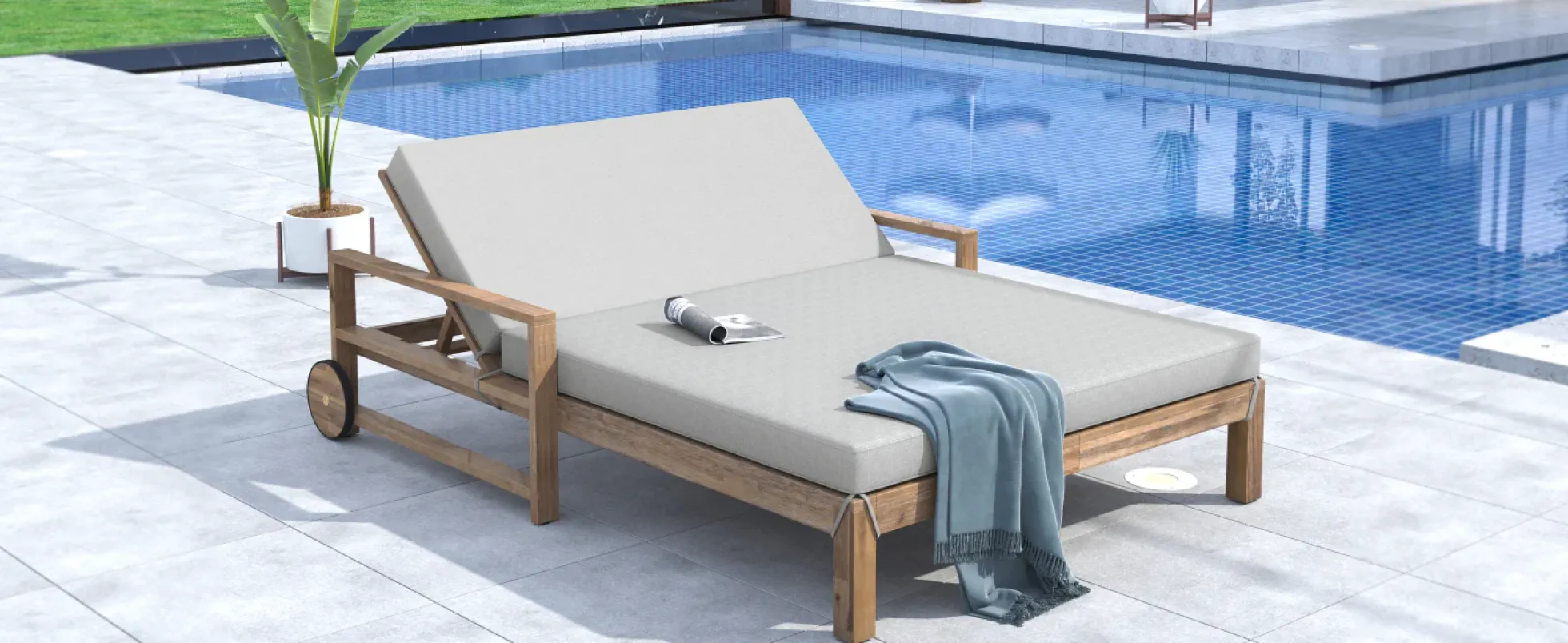 Modern Teak Wood Outdoor Patio Sunbed Lounger